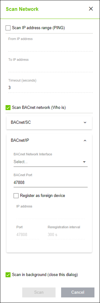 Side Menu > “Network” Menu Item > “SCAN / IMPORT” Tab > “Scan Network” Dialog