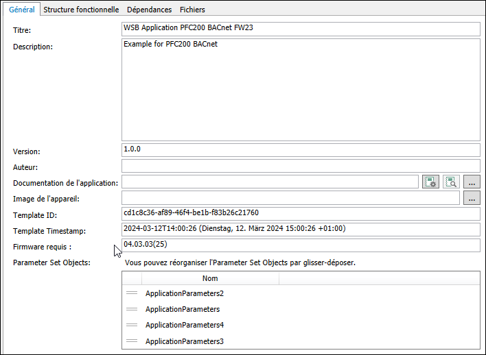 Environnement de programmation CEI : Zone de travail Application Template Manager > Onglet "Général"