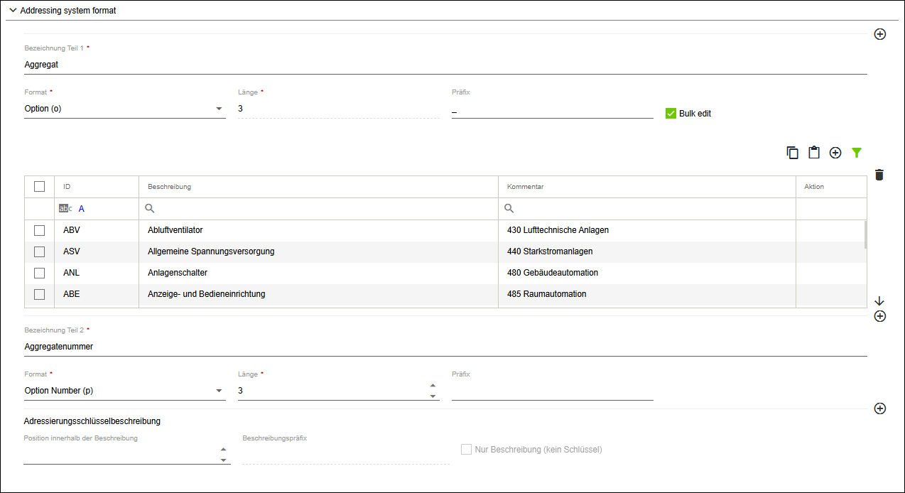 Seitenmenü > Repository > Register „ADRESSIERUNGSSYSTEME“ > Editor > Bereich „Adressing system format“