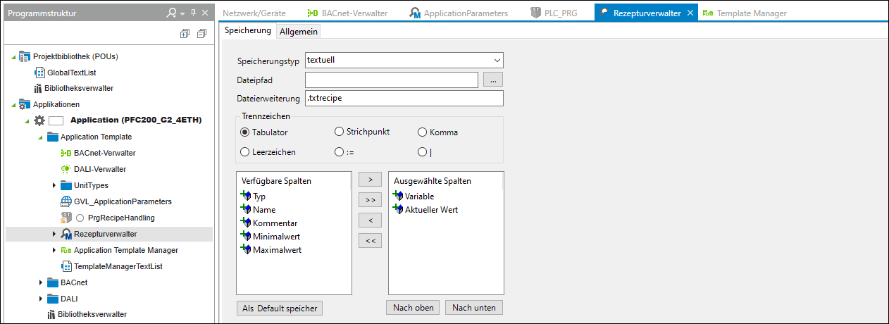 IEC-Entwicklungsumgebung: Programmstruktur und Arbeitsbereich des Rezepturverwalters