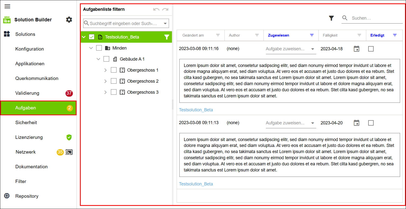 Seitenmenü > Menüpunkt „Aufgaben“