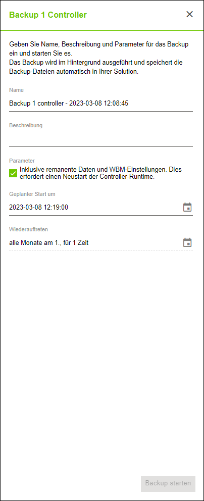 Seitenmenü > Menüpunkt „Netzwerk“ > Register „GERÄTE“ > Dialog „Backup“