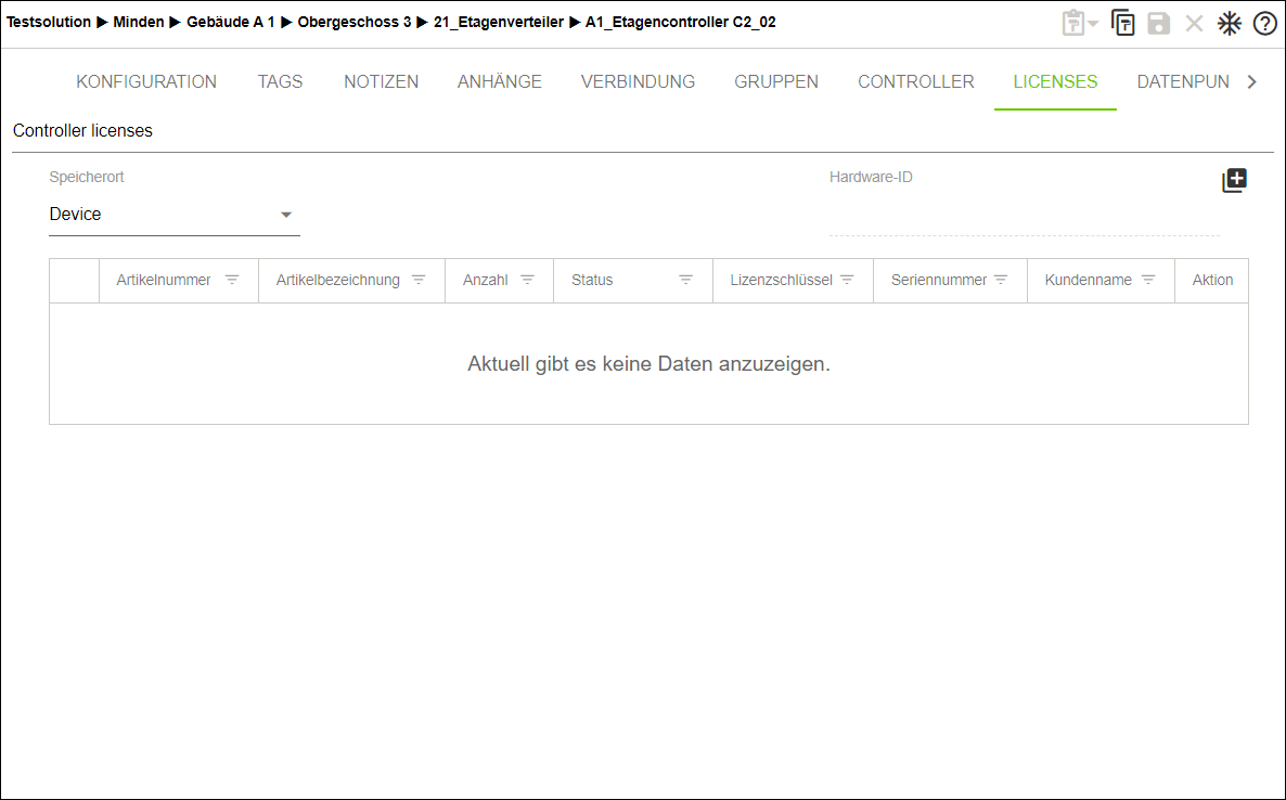 Seitenmenü > Menüpunkt „Konfiguration“ > Register „LIZENZEN“ (Beispielabbildung)