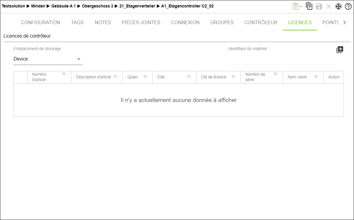 Menu latéral > Point de menu "Configuration" > Onglet "LICENCES" (exemple de figure)