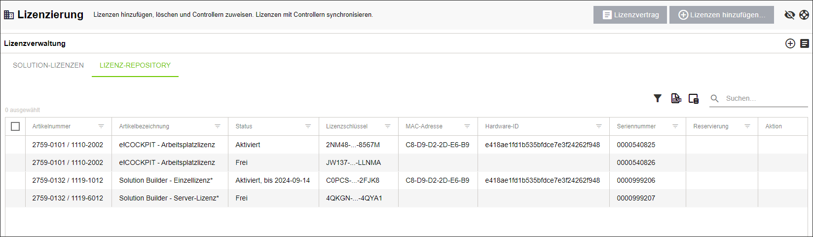 Register „LIZENZ-REPOSITORY“: Aktivierte Lizenz