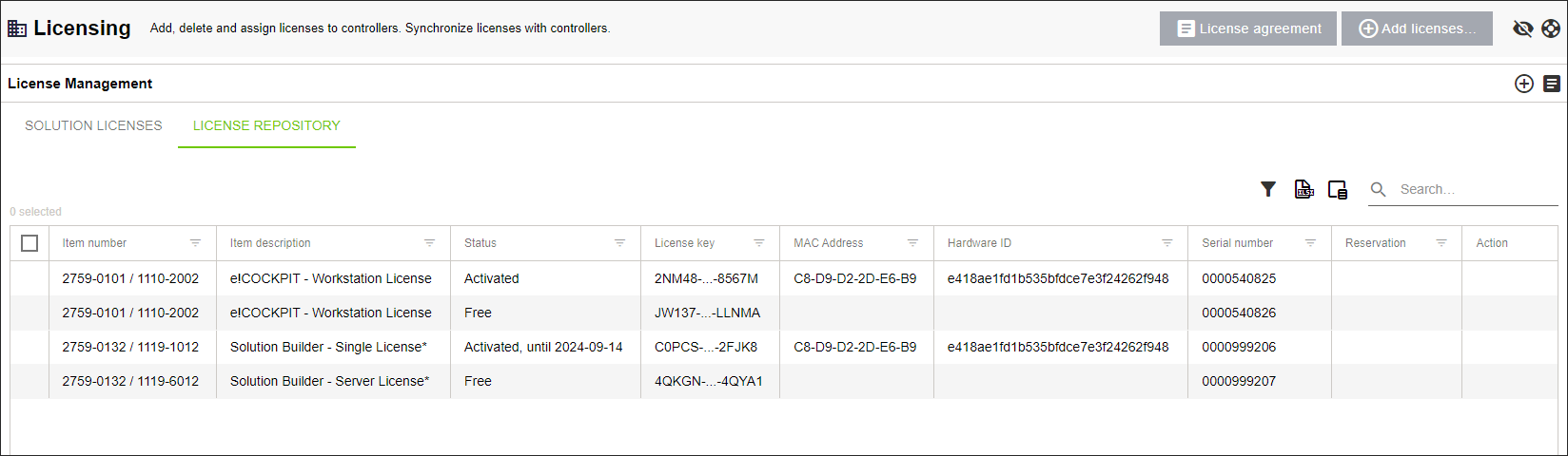 “LICENSE REPOSITORY” Tab: Activated License