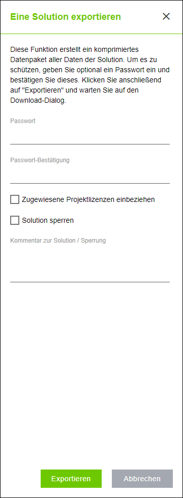 Seitenmenü > Menüpunkt „Solutions“ > Aktion „Solution exportieren“