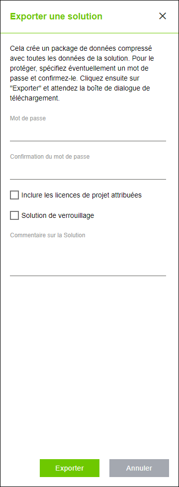 Menu latéral > Point de menu "Solutions" > Action "Exporter la solution"