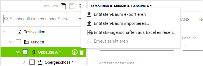 Seitenmenü > Menüpunkt „Konfiguration“ > Entitätenbaum exportieren/importieren