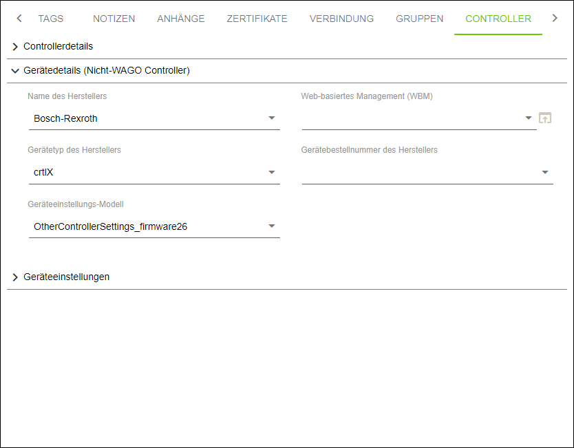 Seitenmenü > Menüpunkt „Konfiguration“ > Register „CONTROLLER“ > Gerätedetails