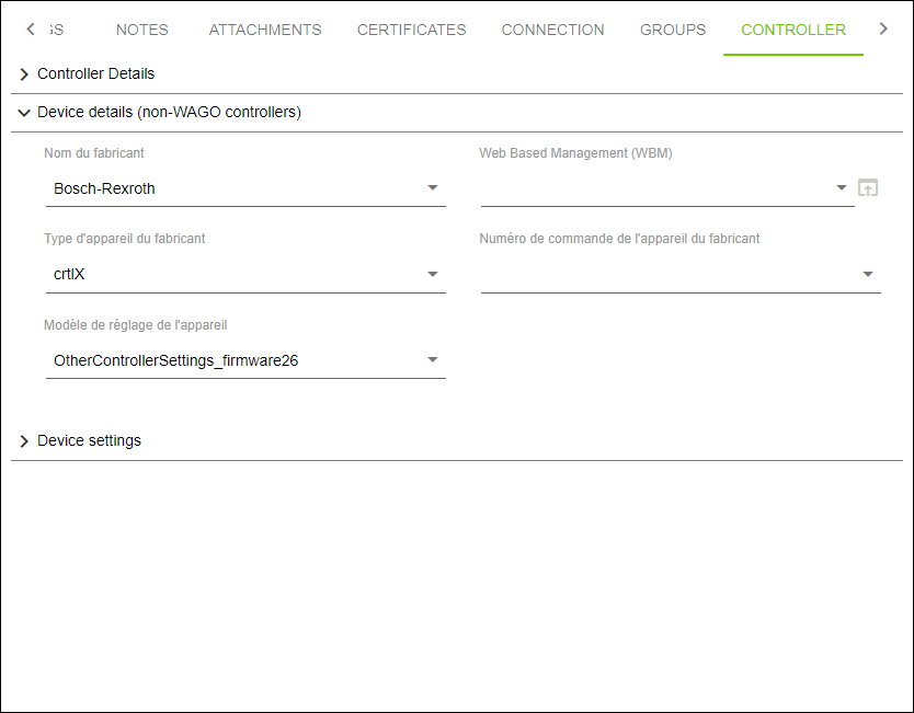 Menu latéral > Point de menu "Configuration" > Onglet "CONTROLEUR" > Détails de l'appareil