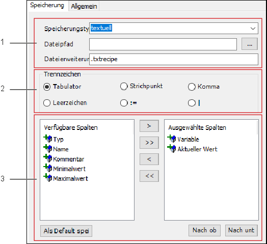 IEC-Entwicklungsumgebung: Arbeitsbereich des Rezepturverwalters > Register „Speicherung“