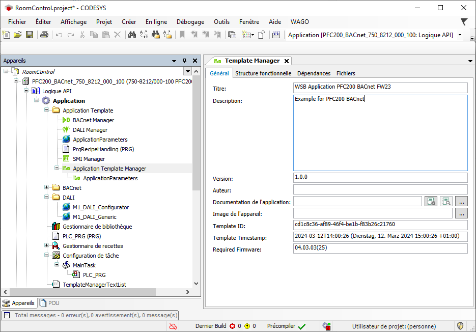 Environnement de programmation CEI : structure de programme et zone de travail du gestionnaire de modèles d'application.