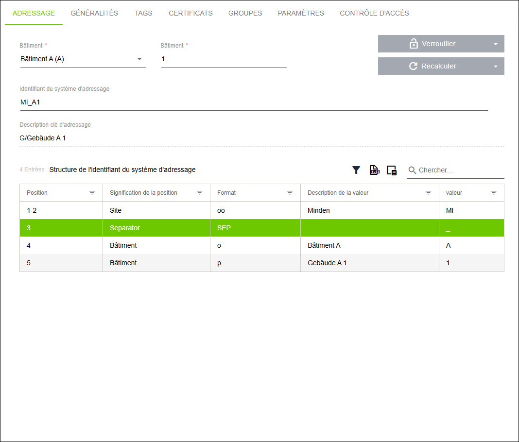 Menu latéral > Point de menu « Configuration » > Onglet « ADRESSAGE »
