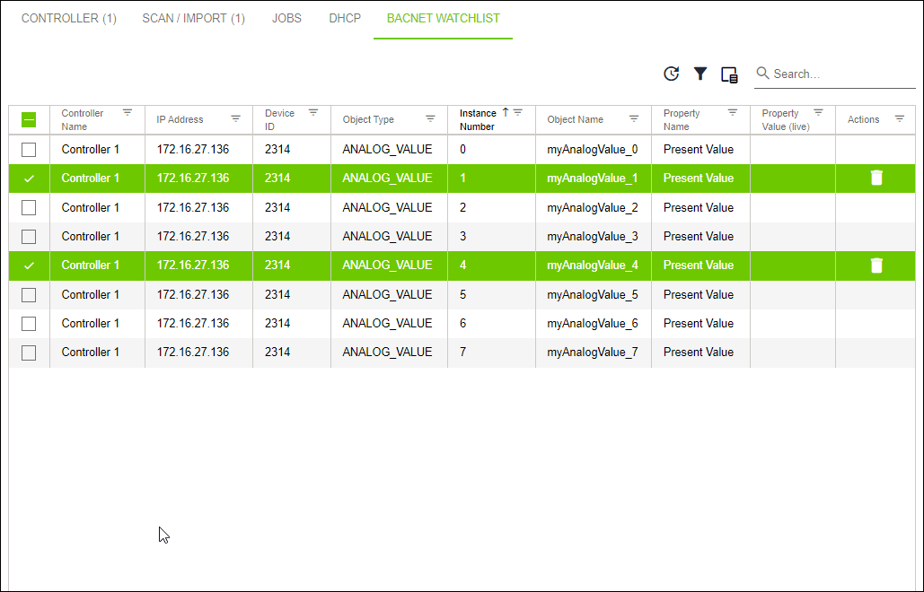 Side Menu > “Solutions” Menu > “Network” Menu Item > “BACNET WATCHLIST” Tab