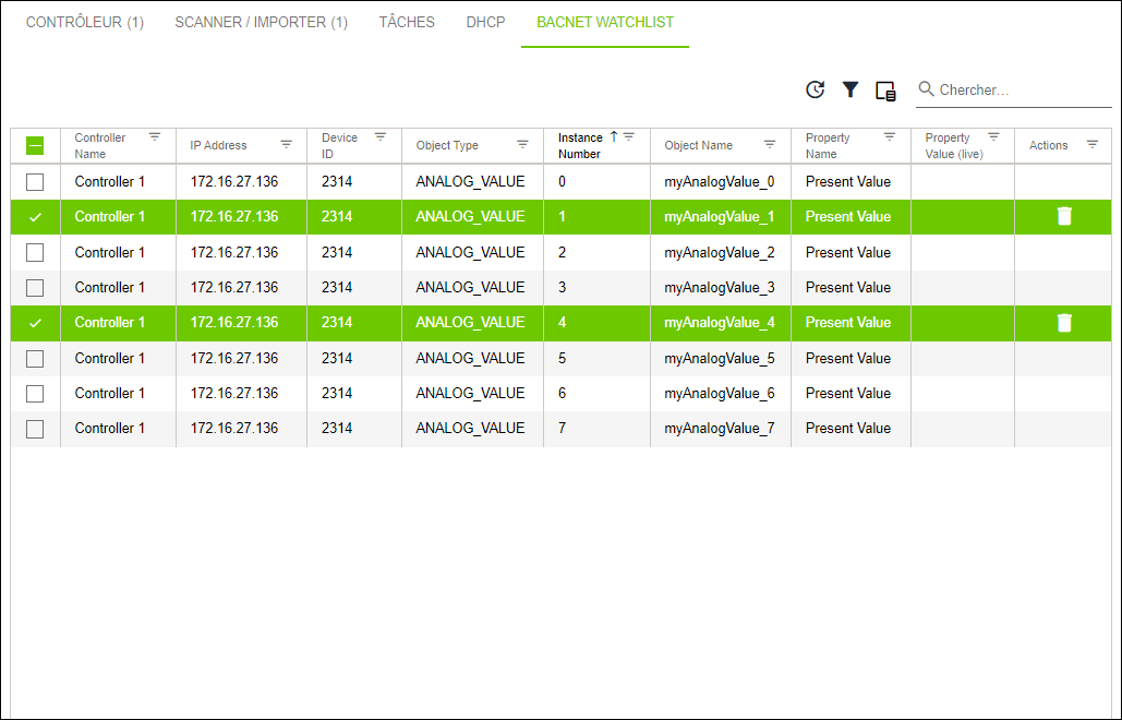 Menu latéral > Menu "Solutions" > Point de menu "Réseau" > Onglet "BACNET WATCHLIST"