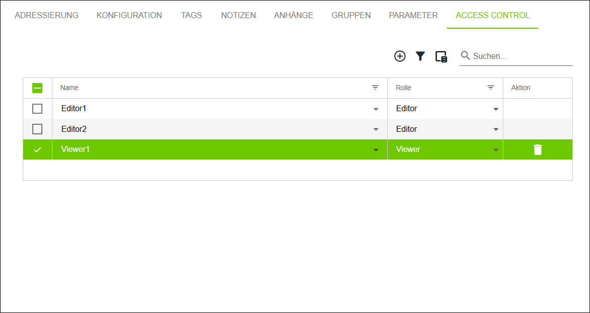 Seitenmenü > Menüpunkt „Konfiguration“ > Register „ZUGRIFFSKONTROLLE“