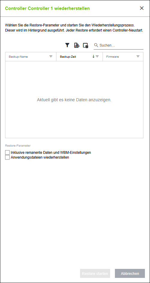 Seitenmenü > Menüpunkt „Netzwerk“ > Register „GERÄTE“ > Dialog „Restore“