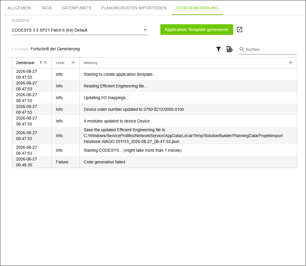 Seitenmenü > Menüpunkt „Konfiguration“ > Register „CODEGENERIERUNG“
