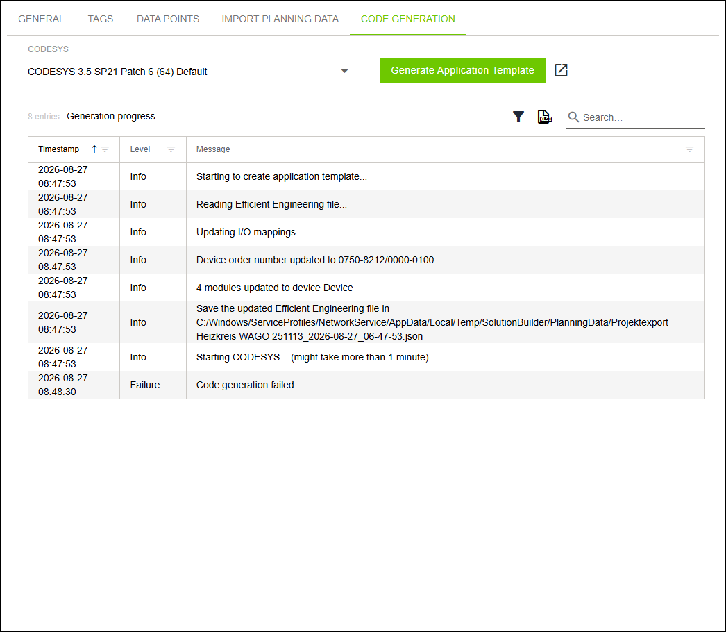 Side Menu > “Configuration” Menu Item > “CODE GENERATION” Tab
