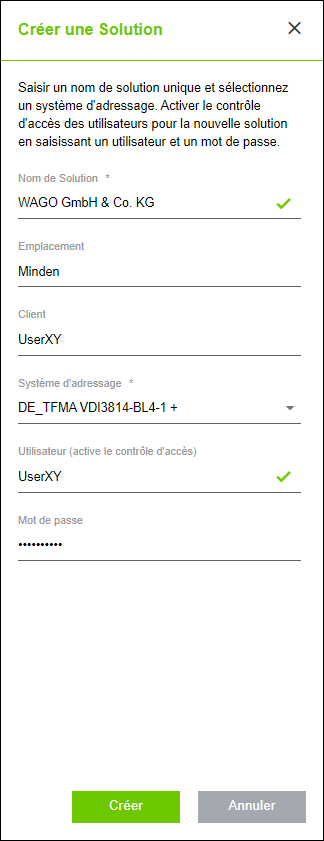 Menu latéral > boîte de dialogue "Créer une solution"