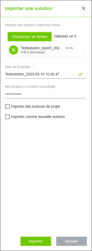 Menu latéral > boîte de dialogue "Importer la solution"