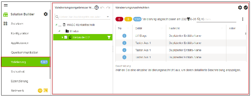 Seitenmenü > Menüpunkt „Validierung“