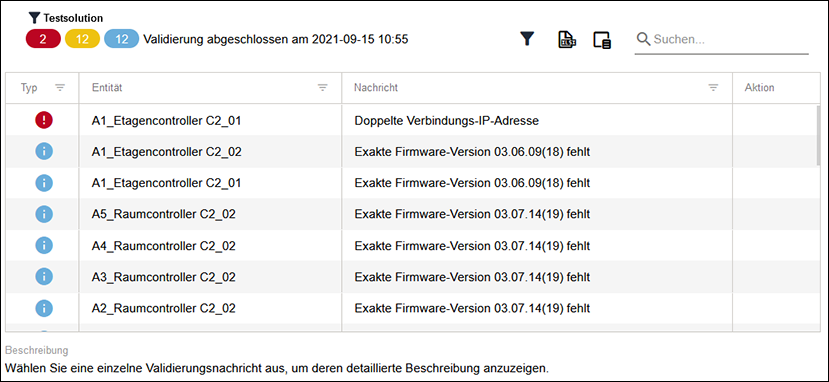 Seitenmenü > Menüpunkt „Validierung“ > Aktionsbereich