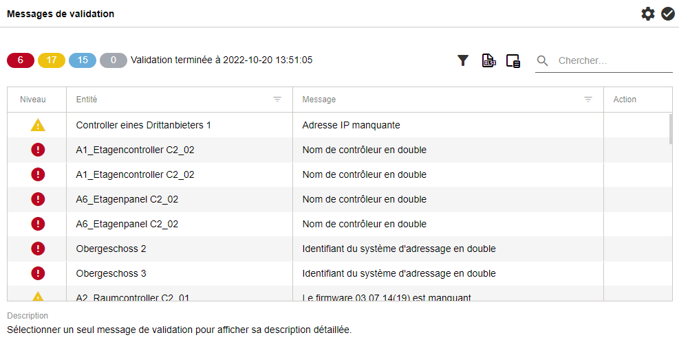 Menu latéral > Point de menu "Validation" > Volet Actions