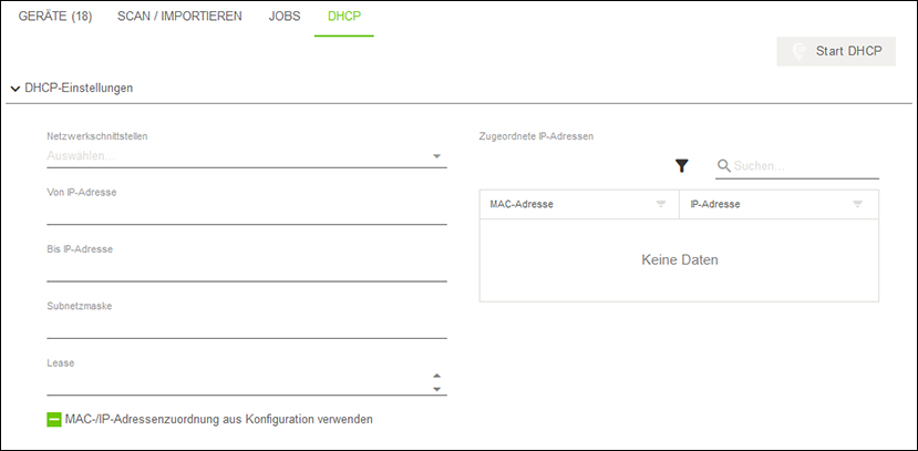 Seitenmenü > Menüpunkt „Netzwerk“ > Register „DHCP“