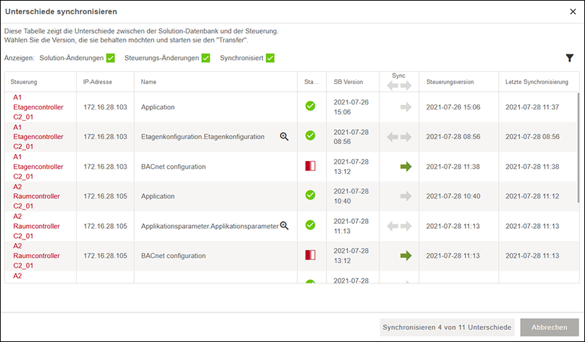 Seitenmenü > Menüpunkt „Netzwerk“ > Register „CONTROLLER“ > Dialog „Unterschiede synchronisieren“
