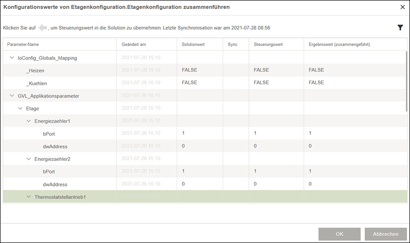 Seitenmenü > Menüpunkt „Netzwerk“ > Register „CONTROLLER“ > Detailliert zusammenführen > Dialog „Konfigurationswerte von Applikationsparametern zusammenführen“