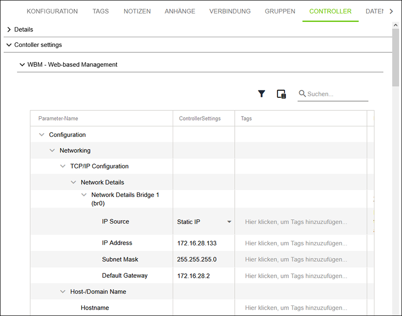Seitenmenü > Menüpunkt „Konfiguration“ > Register „CONTROLLER“ > Controller settings