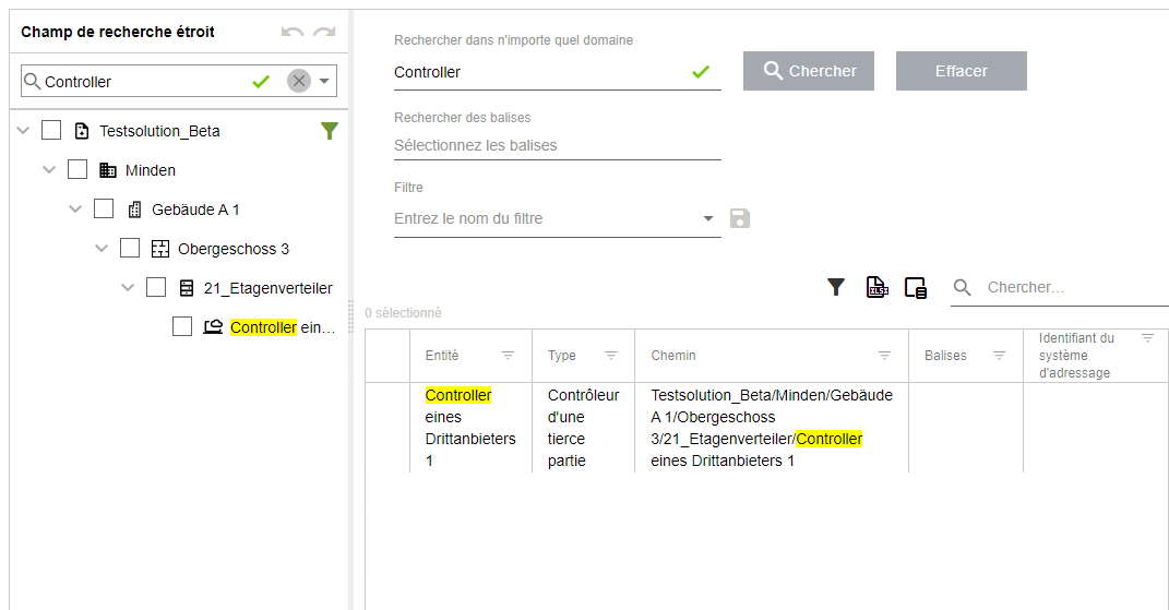 Menu latéral > Point de menu "Filtre" > Zone d'action > Résultat de la recherche