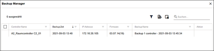 Seitenmenü > Menüpunkt „Netzwerk“ > Register „GERÄTE“ > Dialog „Backup Manager“