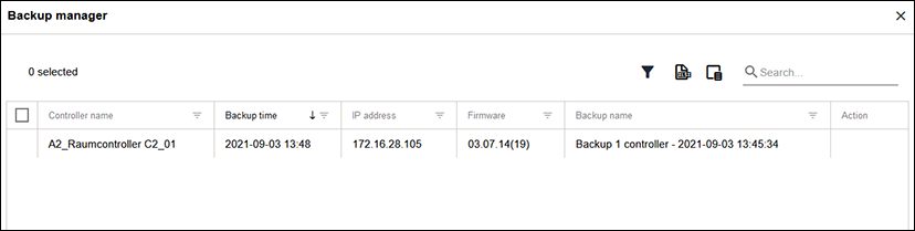 Side Menu > “Network” Menu Item > “DEVICES” Tab > “Backup Manager” Dialog