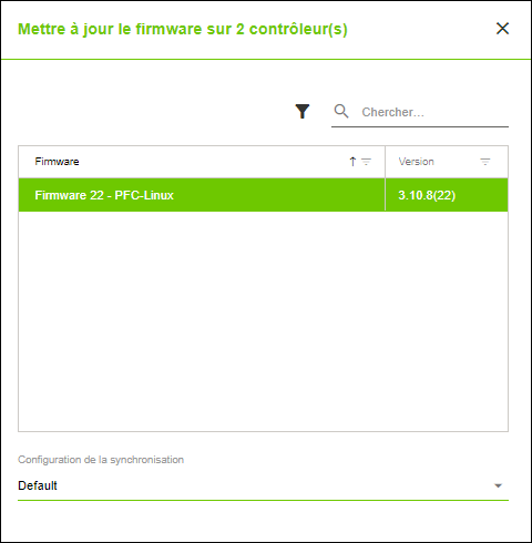 Menu latéral > Point de menu "Réseau" > Onglet "APPAREILS" > Boîte de dialogue "Mise à jour du firmware"