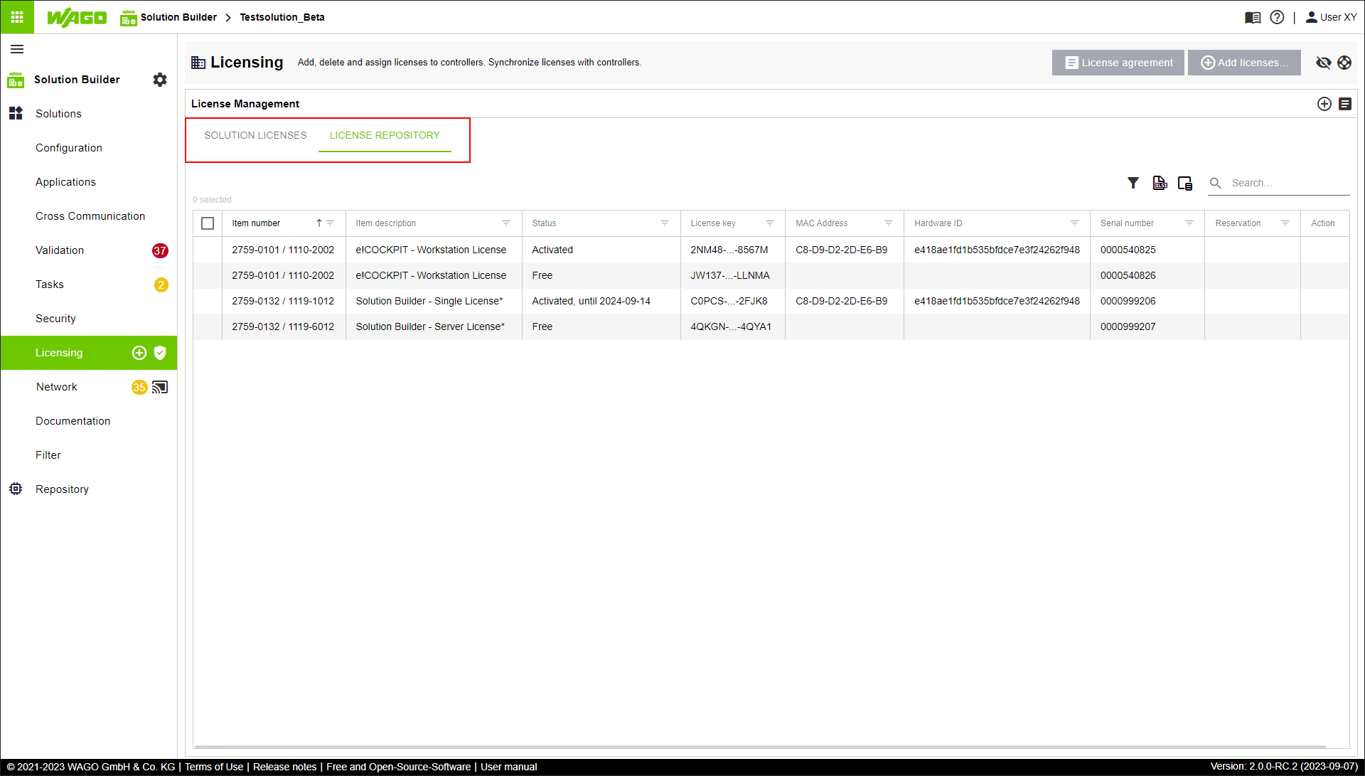 Side Menu > “Licensing” Menu Item > “LICENSE REPOSITORY” Tab