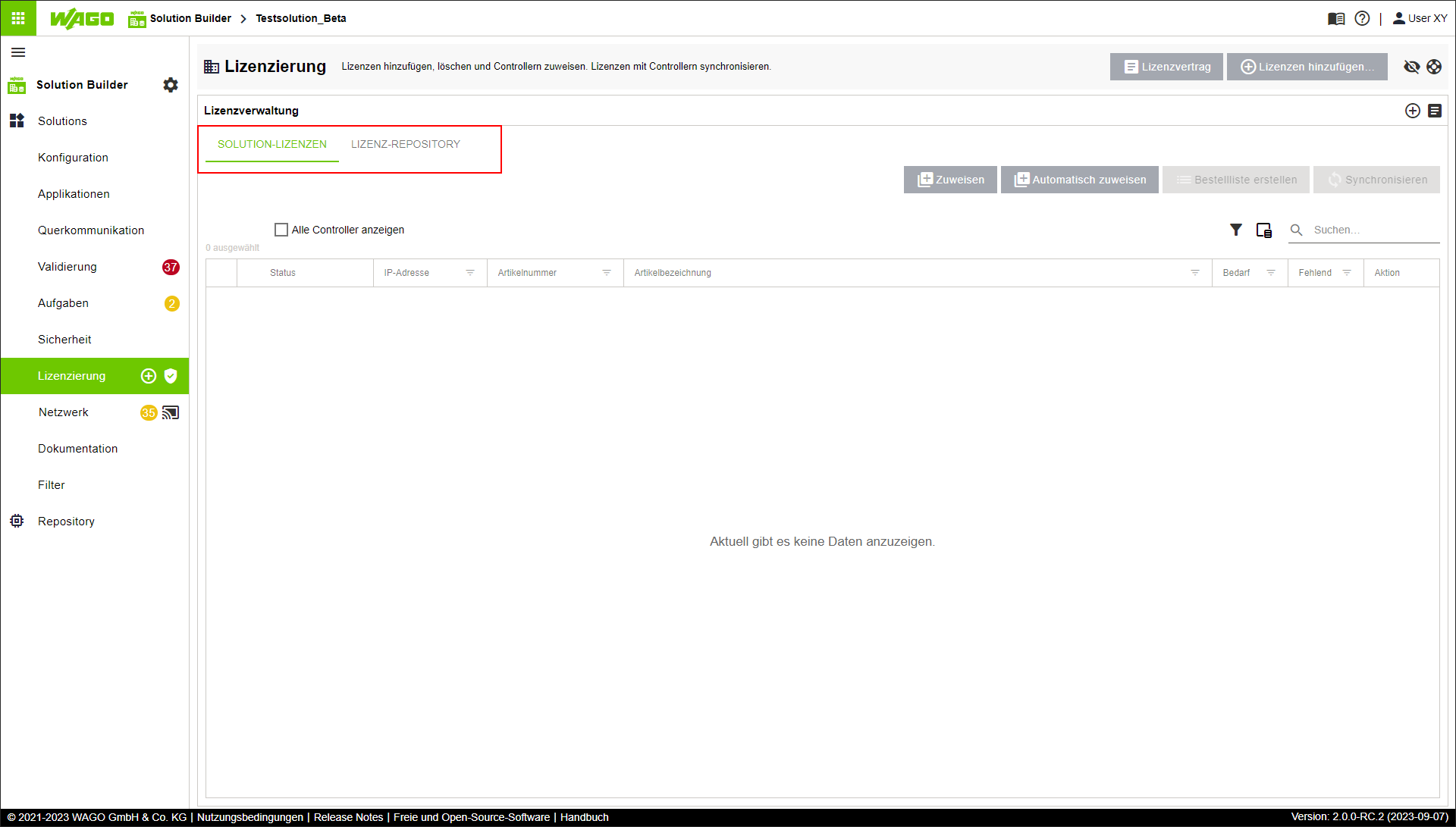 Seitenmenü > Menüpunkt „Lizenzierung“ > Register „SOLUTION-LIZENZEN“