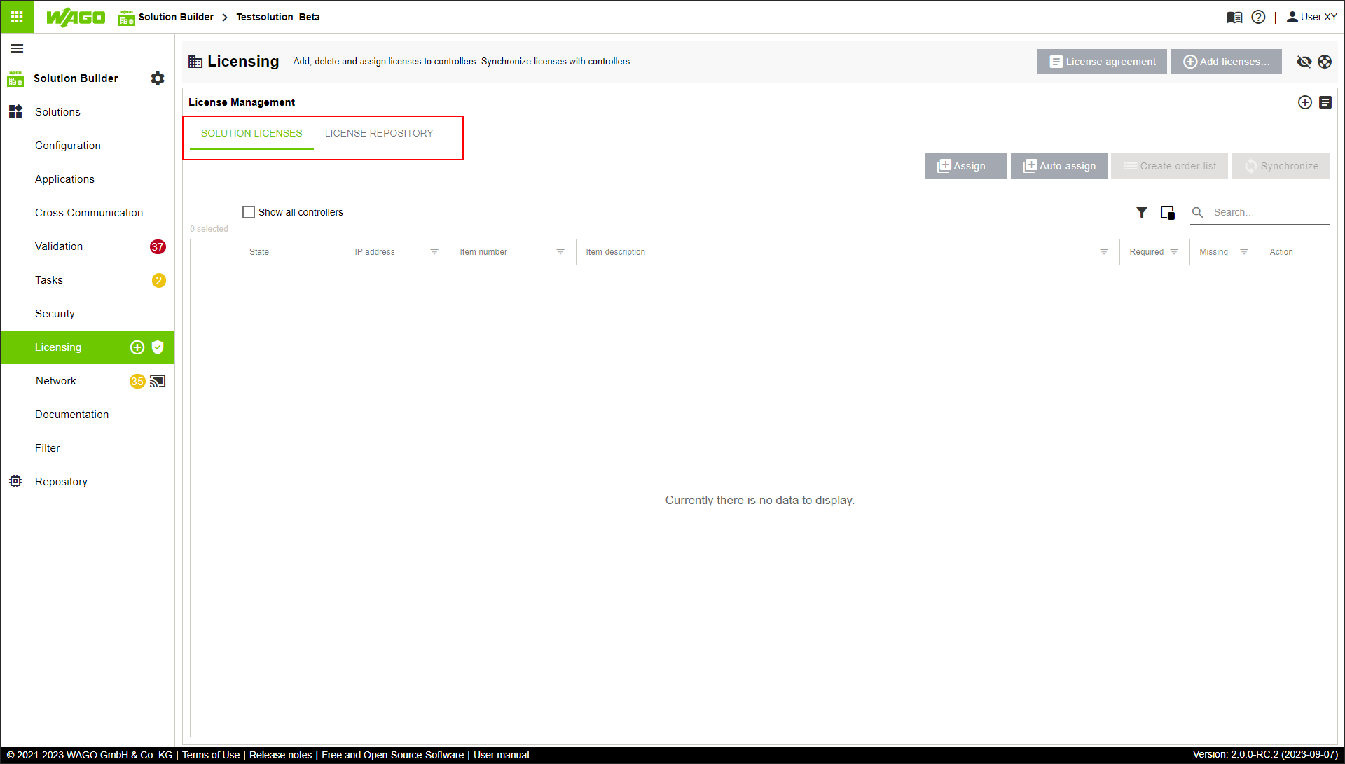 Side Menu > “Licensing“ Menu Item > “SOLUTION LICENSES” Tab