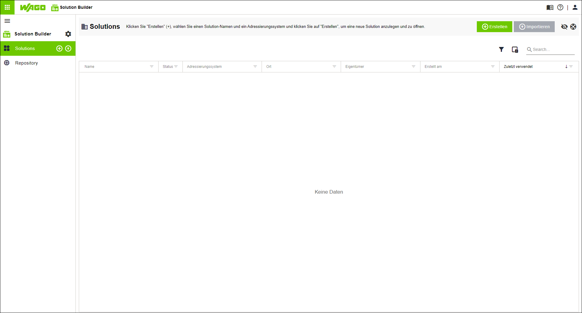 WAGO Solution Builder: Startansicht