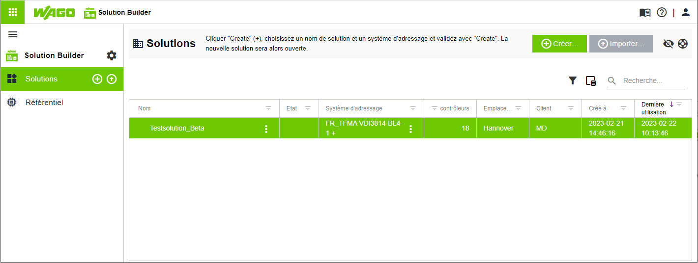 WAGO Solution Builder : vue de démarrage