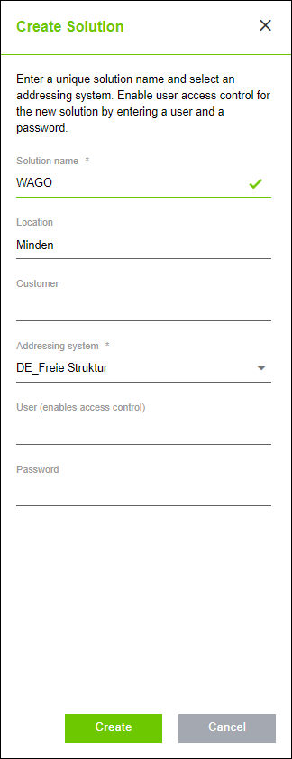 “Create Solution” Dialog