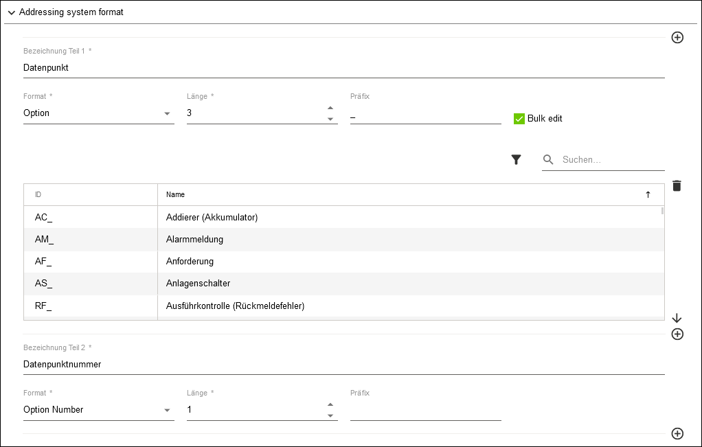 Seitenmenü > Repository > Register „ADRESSIERUNGSSYSTEME“ > Editor > Bereich „Adressing system format“