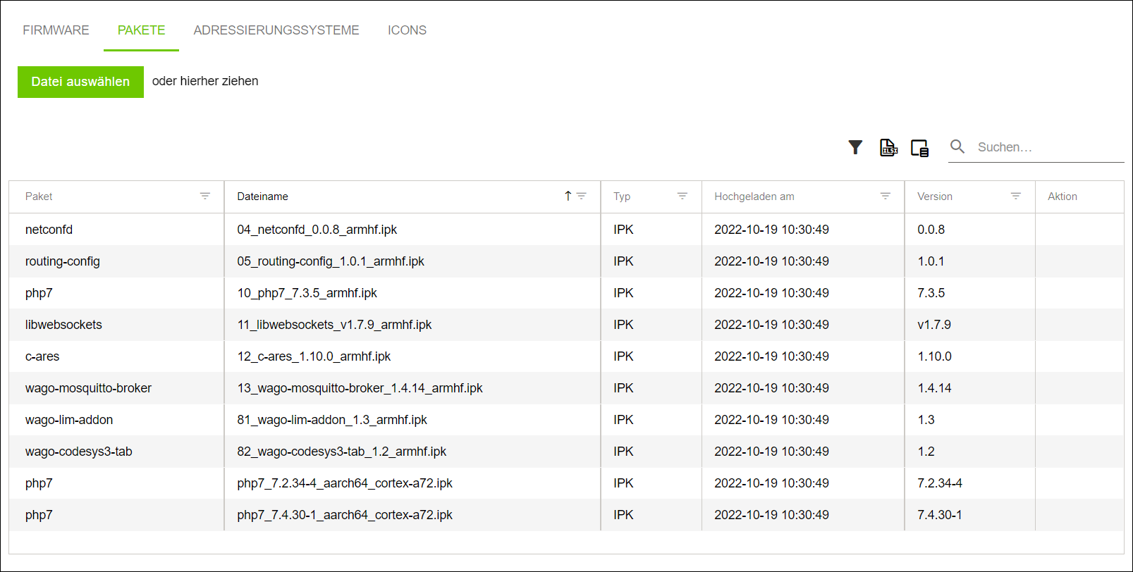 Seitenmenü > Repository > Register „PAKETE“