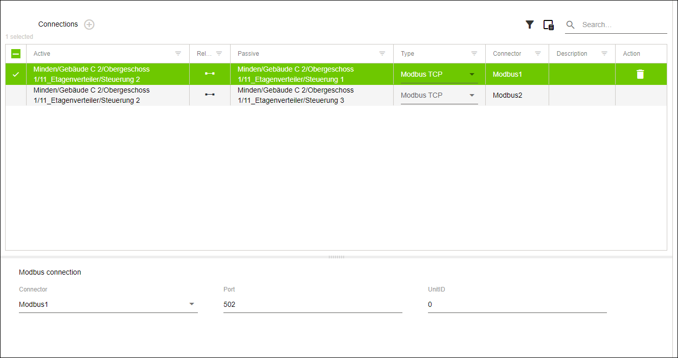 Side Menu > “Cross-communication” Menu Item > Workspace for “Modbus TCP” option