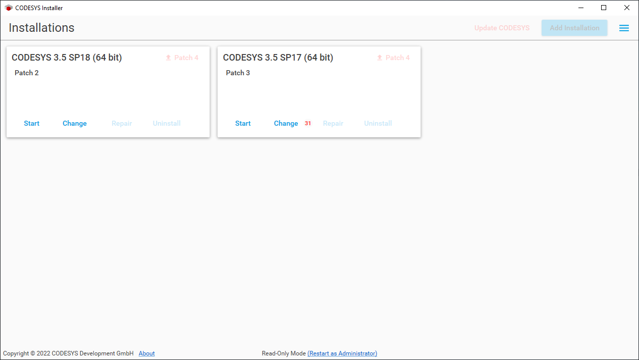 CODESYS Installer: Start View