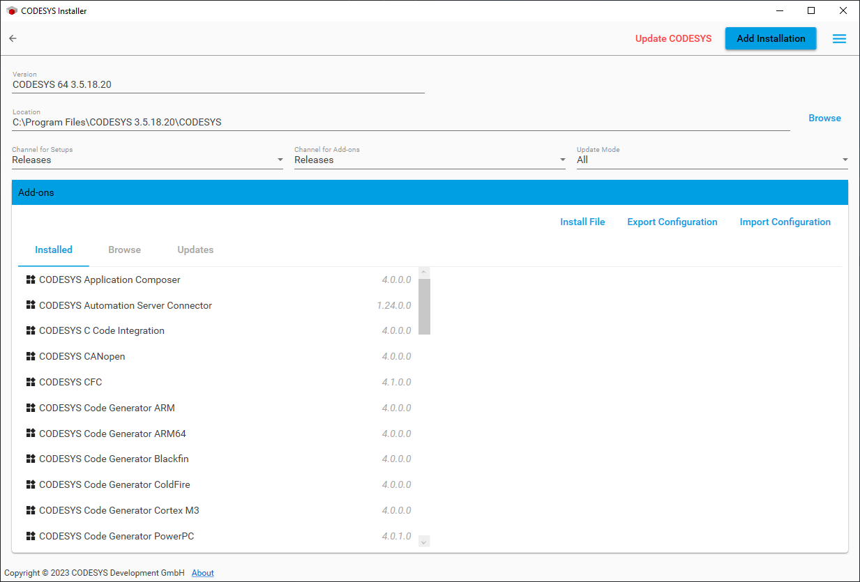 CODESYS Installer: Start View > “Change” Page