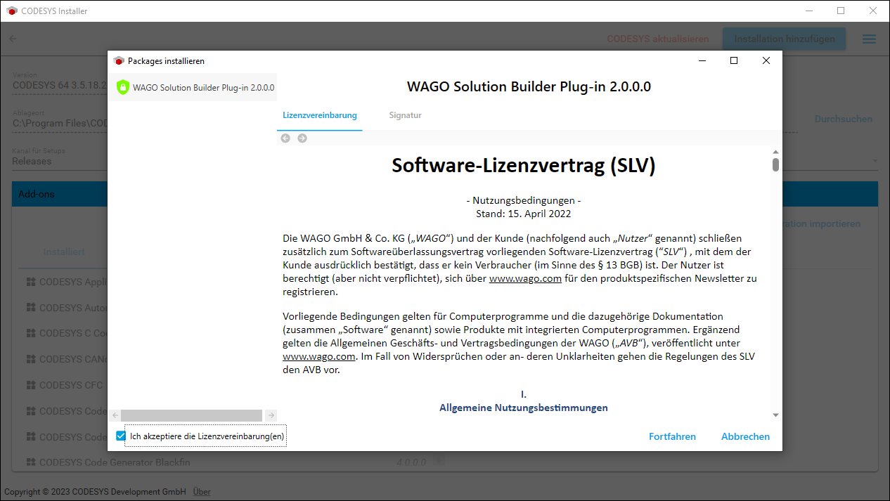 CODESYS Installer: WAGO Software-Lizenzvertrag akzeptieren