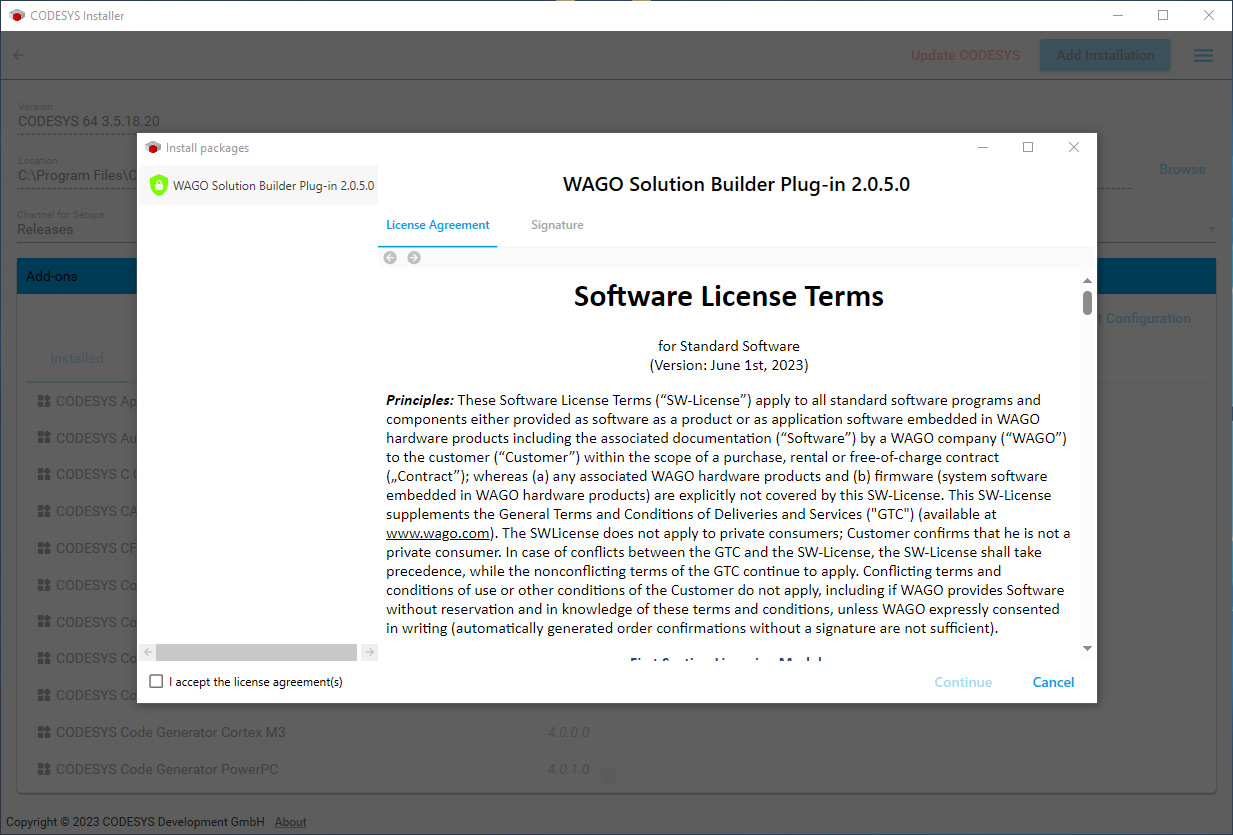 CODESYS Installer: Accepting the WAGO Software License Agreement